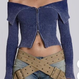 Jaded London Tribeca Blue Ribbed Off The Shoulder Knit